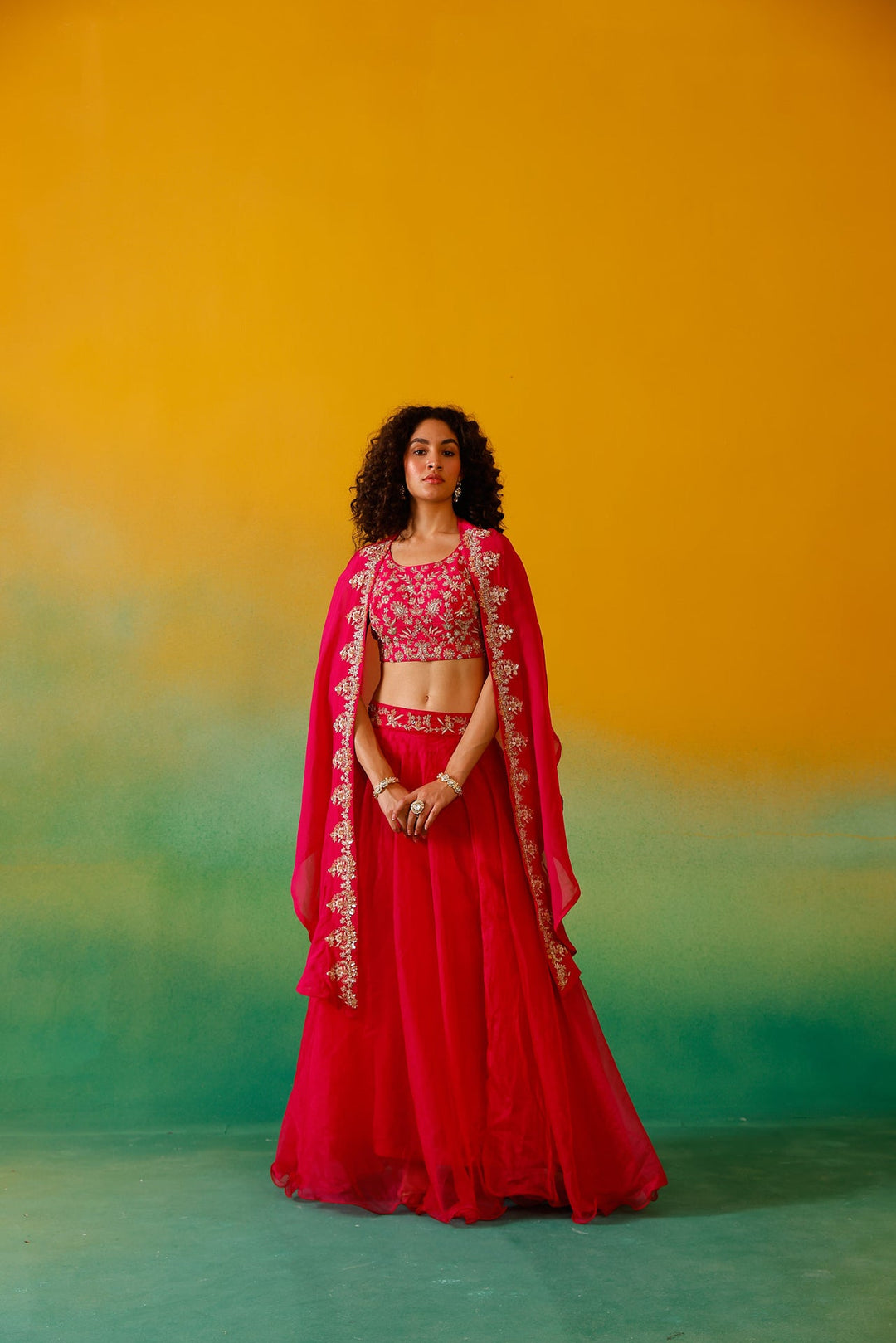 Neerus Pink organza embroidered lehenga ghagra set - detail view 11