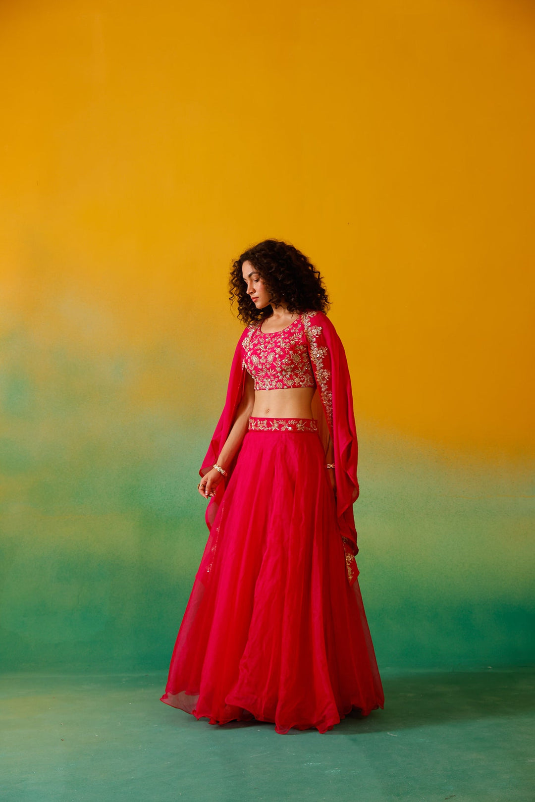 Neerus Pink organza embroidered lehenga ghagra set - detail view 12