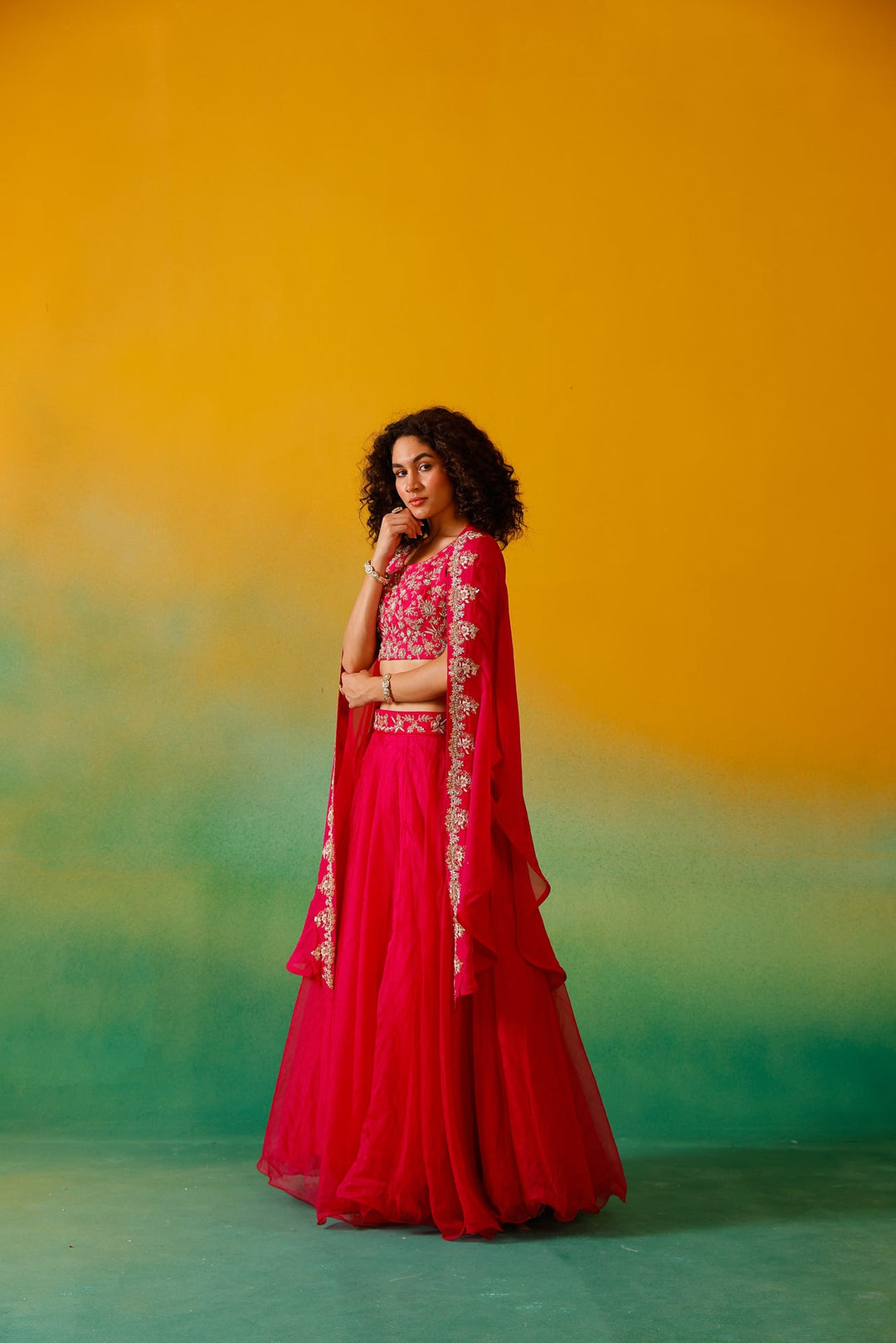Neerus Pink organza embroidered lehenga ghagra set - detail view 14