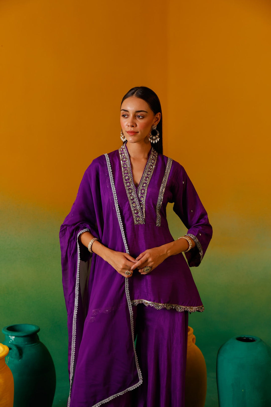 Neerus Purple silk embroidered suit set - detail view 6