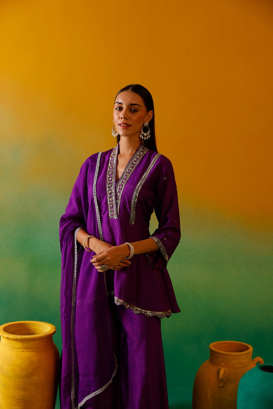 Neerus Purple silk embroidered suit set - detail view 7