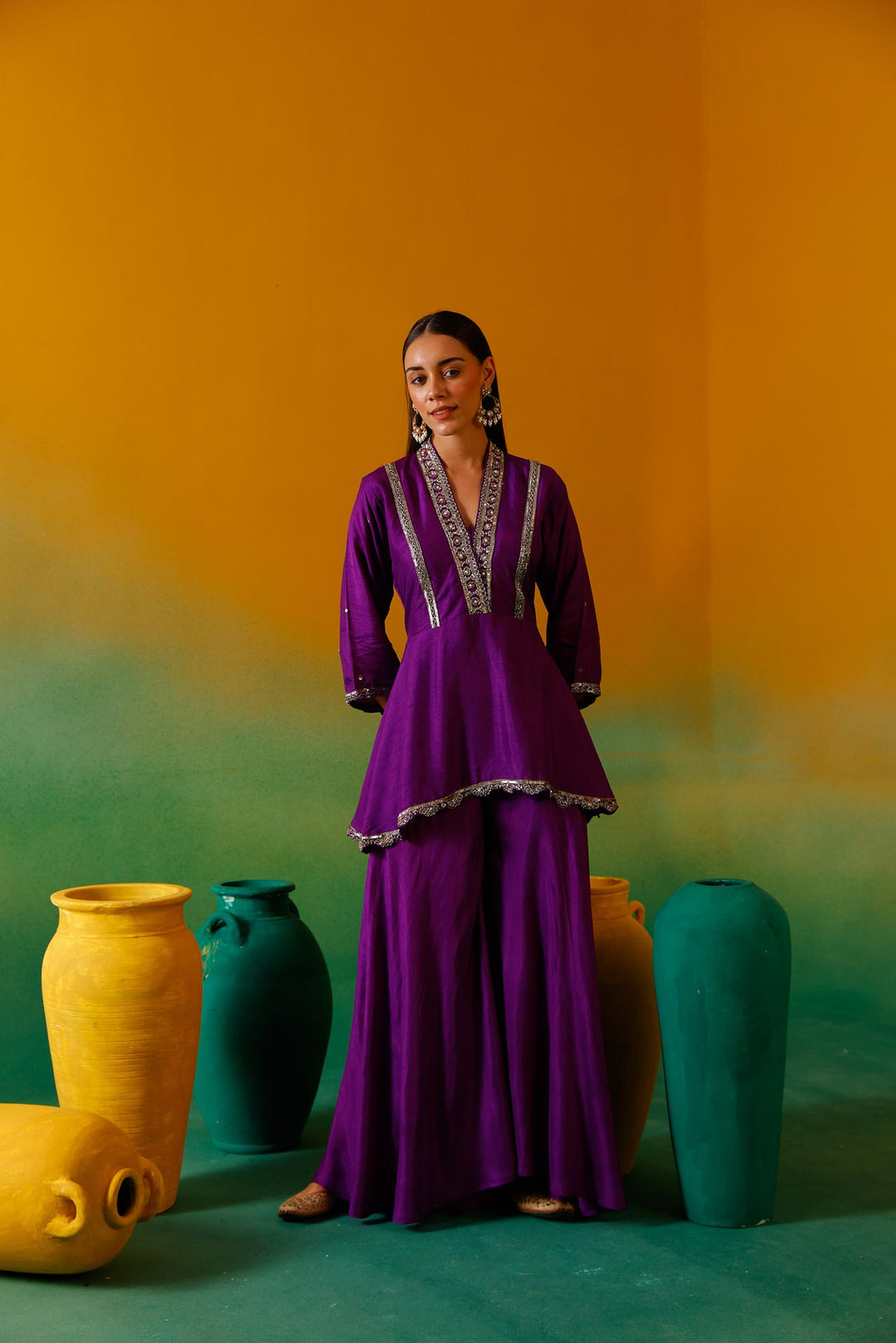 Neerus Purple silk embroidered suit set - detail view 9