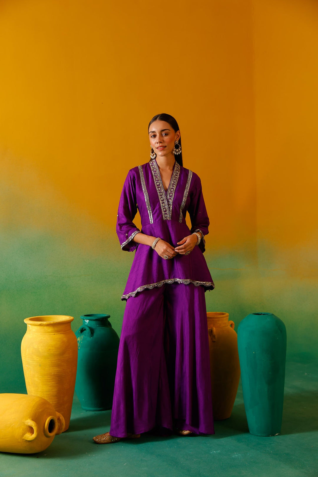 Neerus Purple silk embroidered suit set - detail view 10