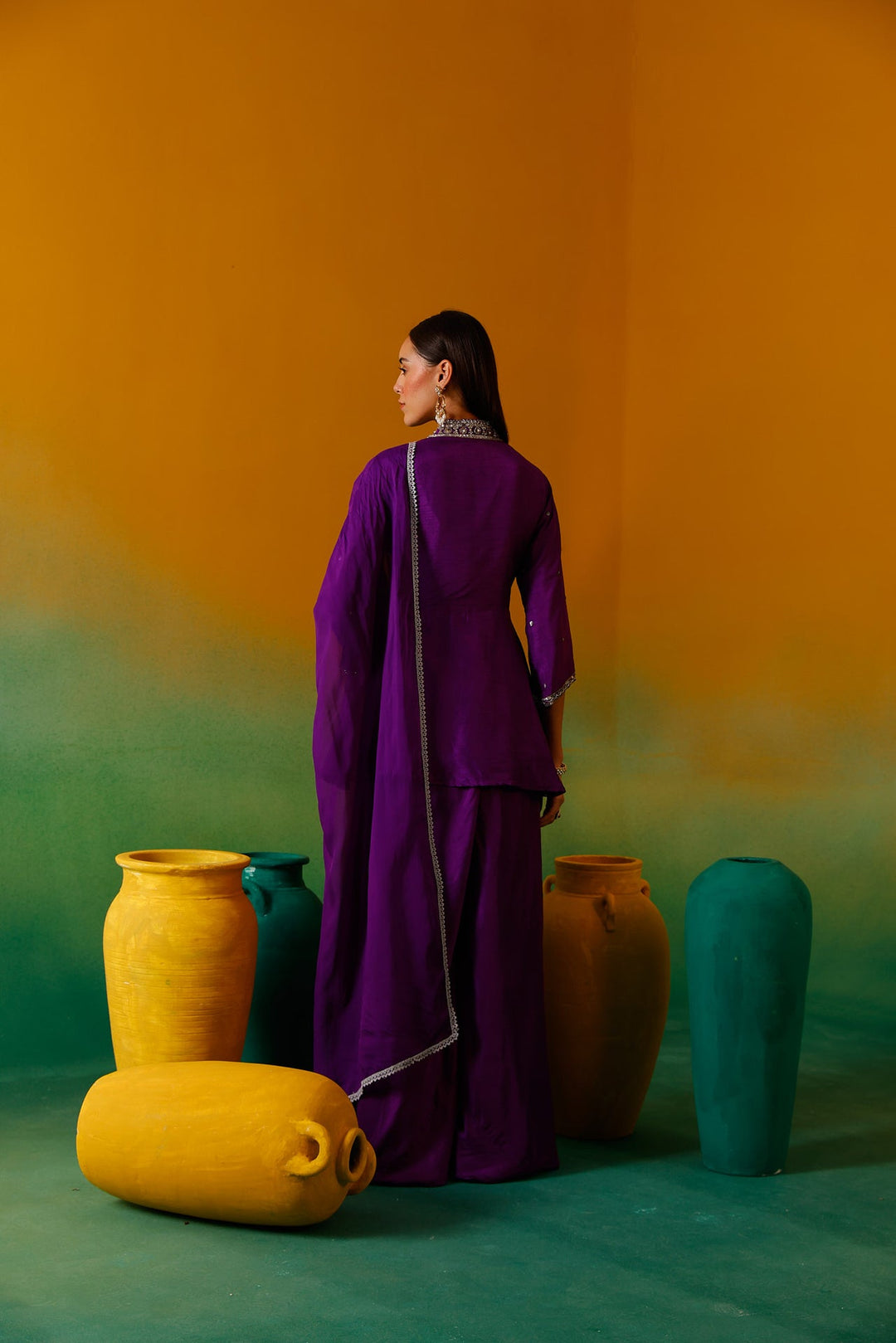 Neerus Purple silk embroidered suit set - detail view 1