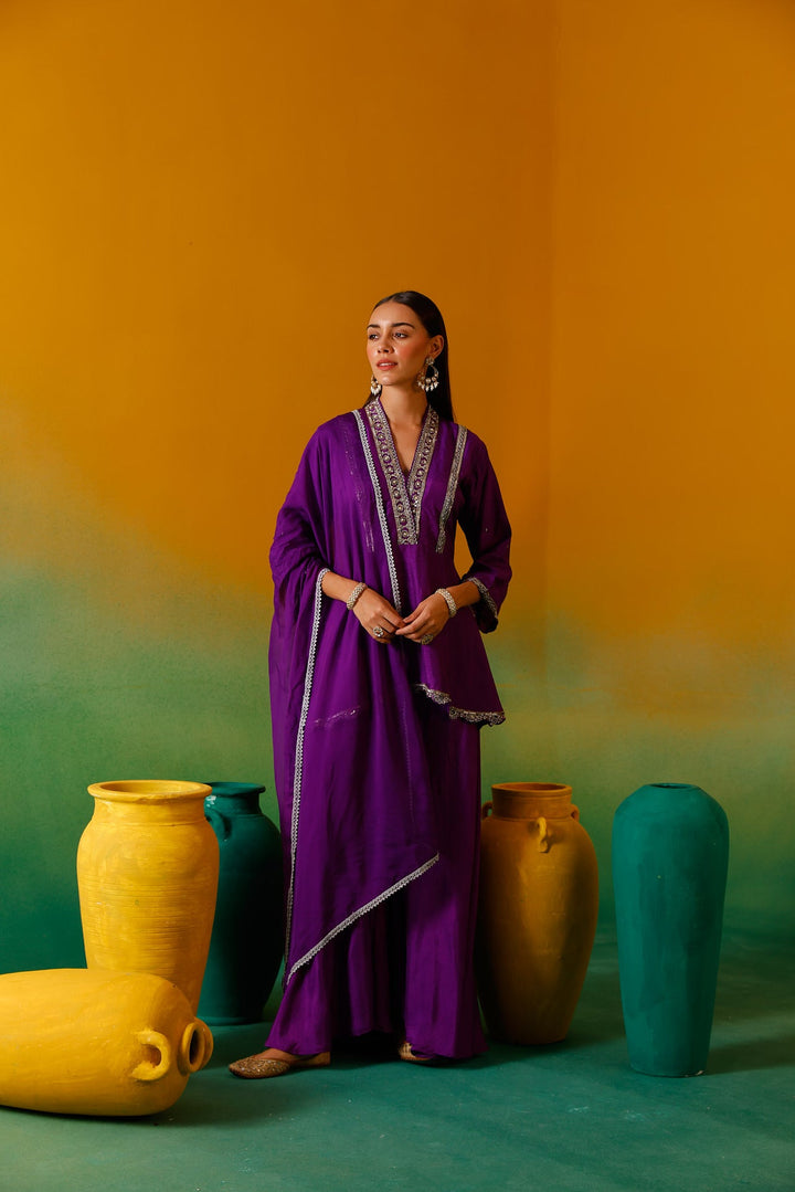 Neerus Purple silk embroidered suit set - detail view 2