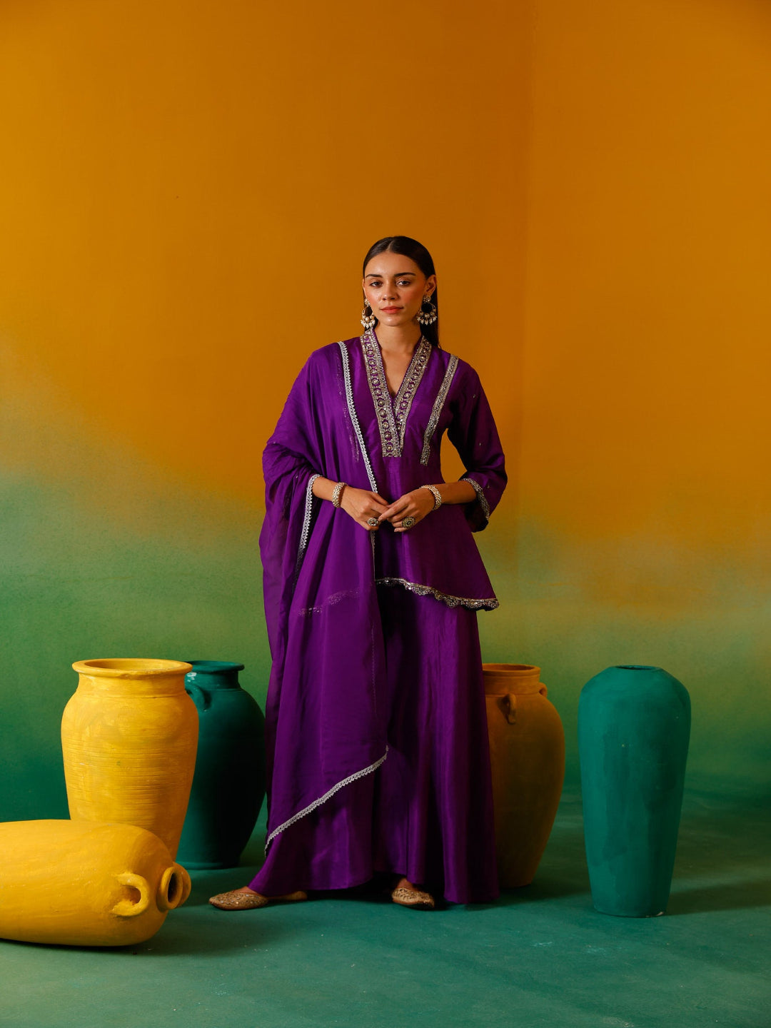 Neerus Purple silk embroidered suit set - front view