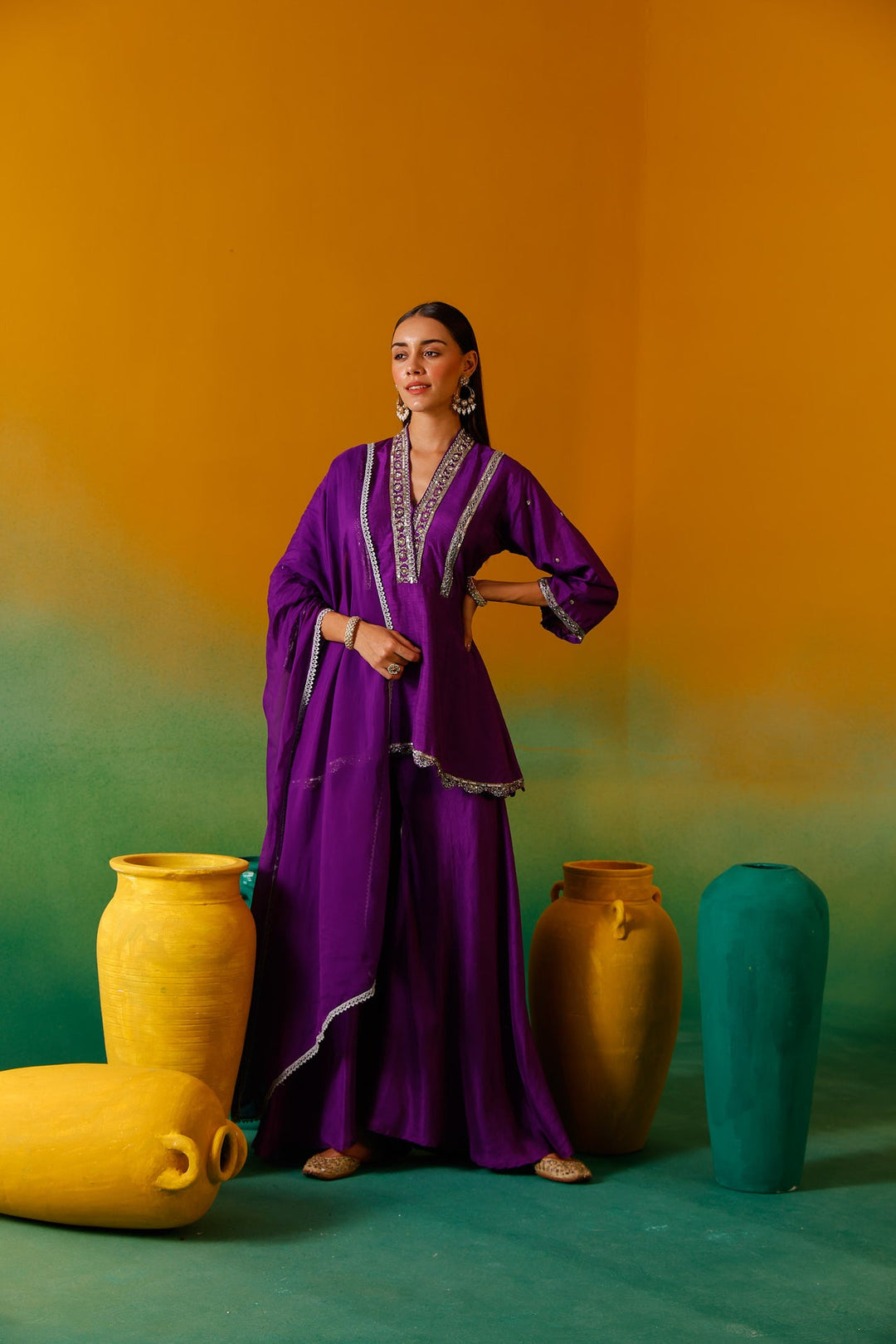 Neerus Purple silk embroidered suit set - detail view 3