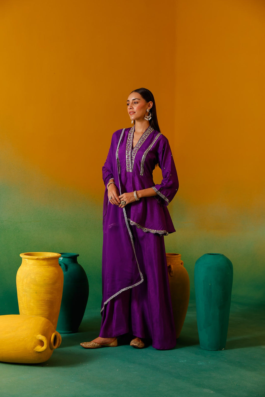 Neerus Purple silk embroidered suit set - back view
