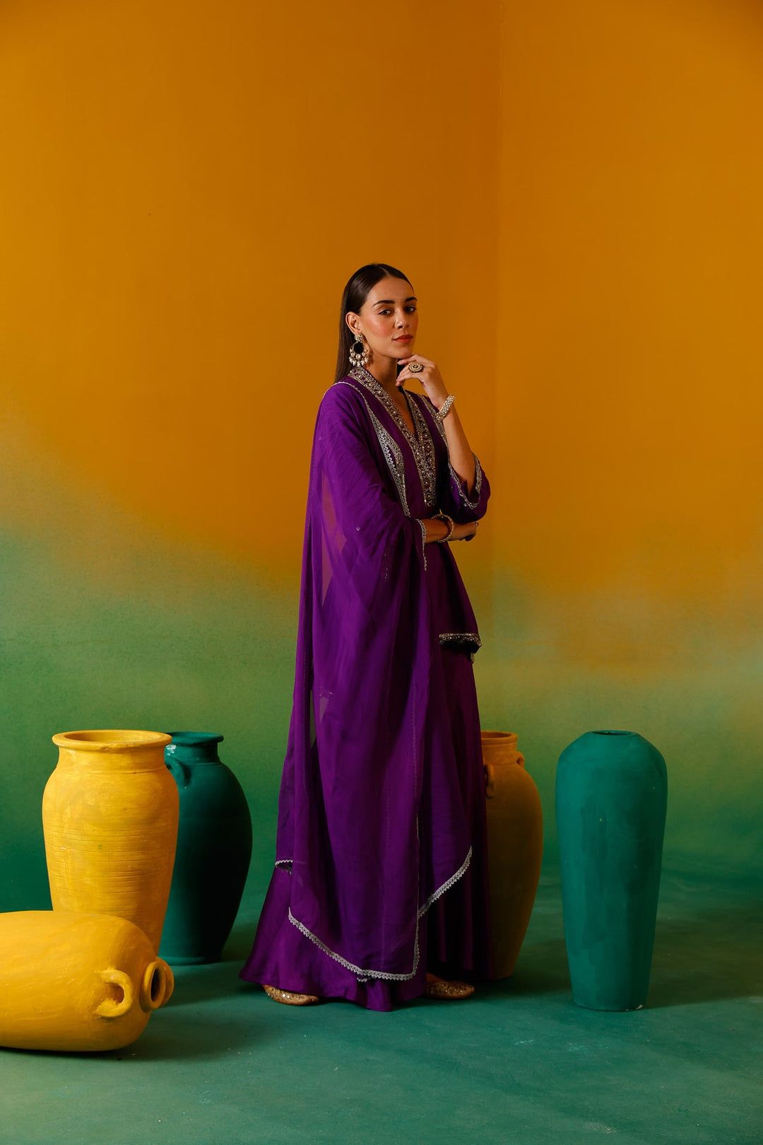 Neerus Purple silk embroidered suit set - side view