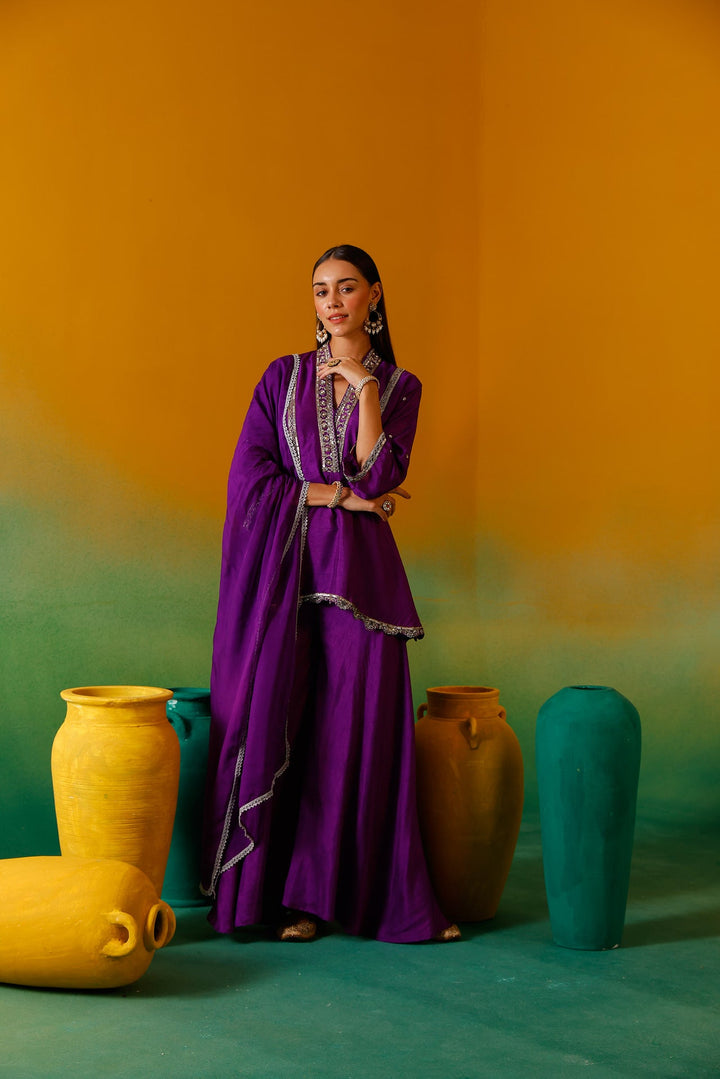 Neerus Purple silk embroidered suit set - detail view 5