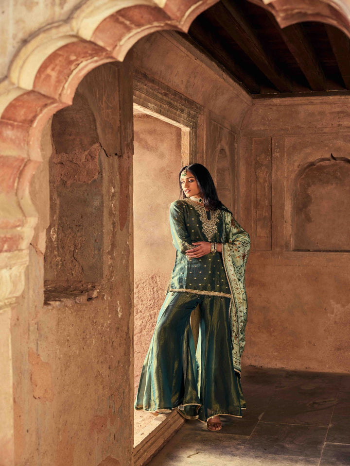 Neerus Green tissue embroidered suit set - front view
