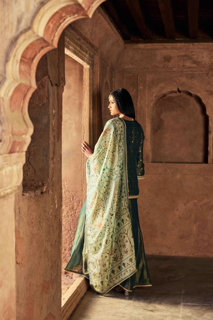 Neerus Green tissue embroidered suit set - back view