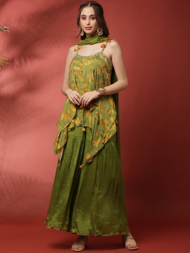 Neerus Green georgette printed palazzo set - front view