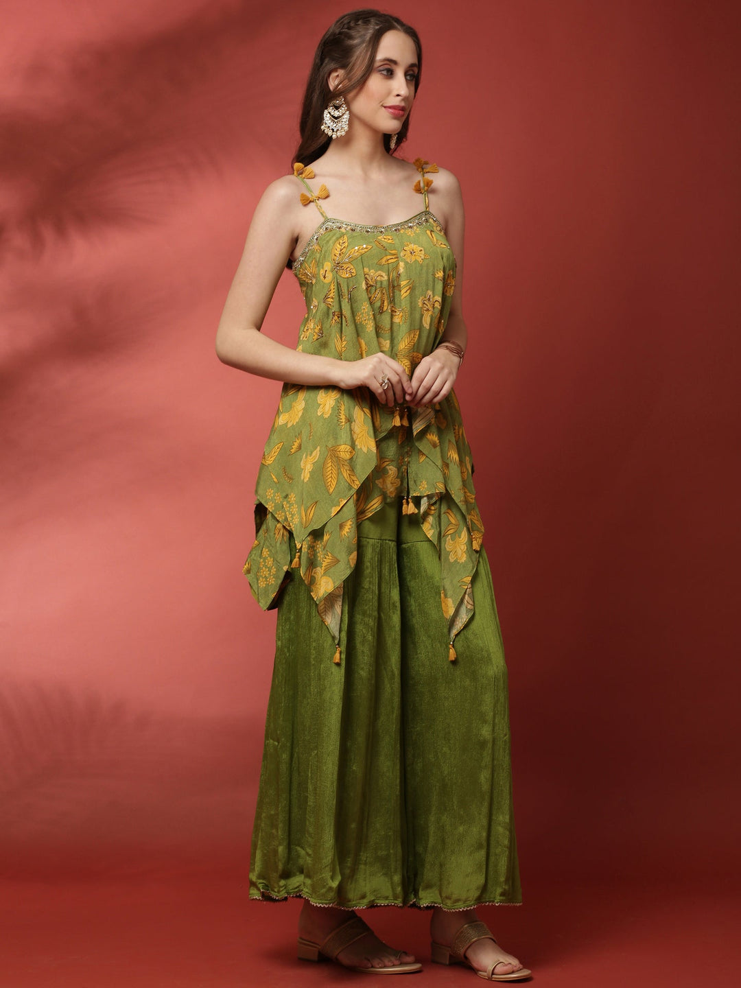 Neerus Green georgette printed palazzo set - back view