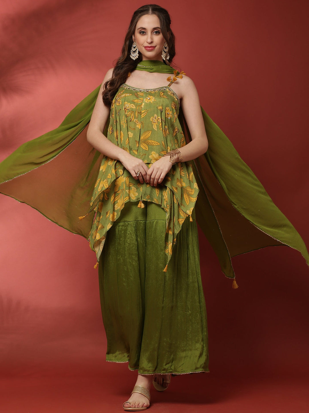 Neerus Green georgette printed palazzo set - detail view 2
