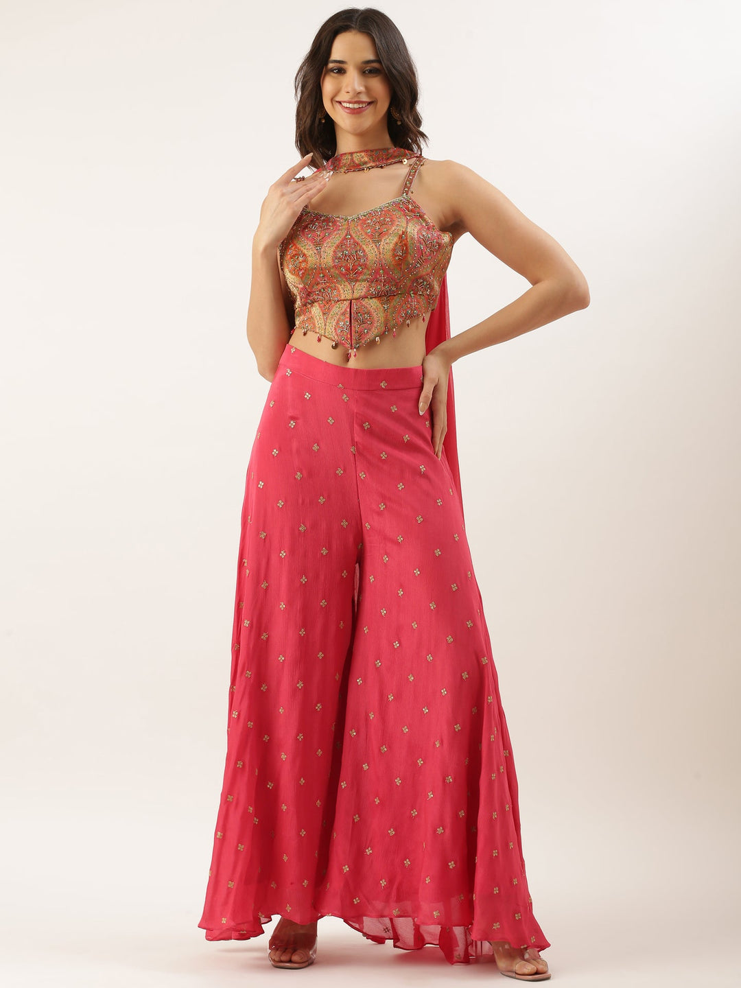 Neerus Pink chinon crop top palazzo co-ord set - front view