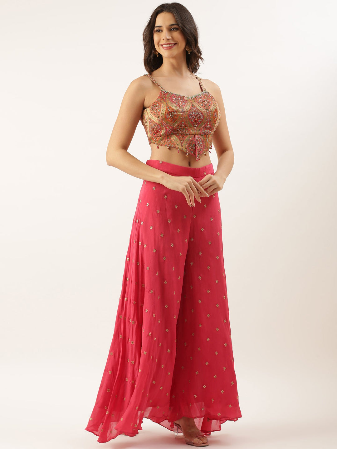 Neerus Pink chinon crop top palazzo co-ord set - back view