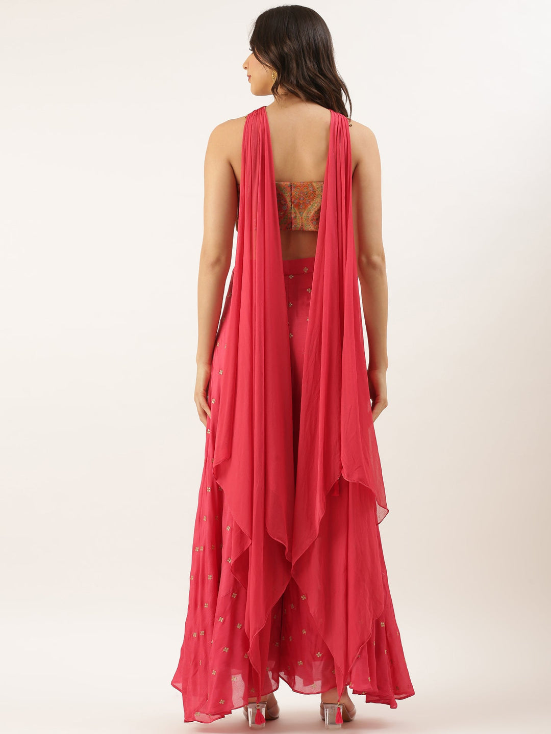 Neerus Pink chinon crop top palazzo co-ord set - side view