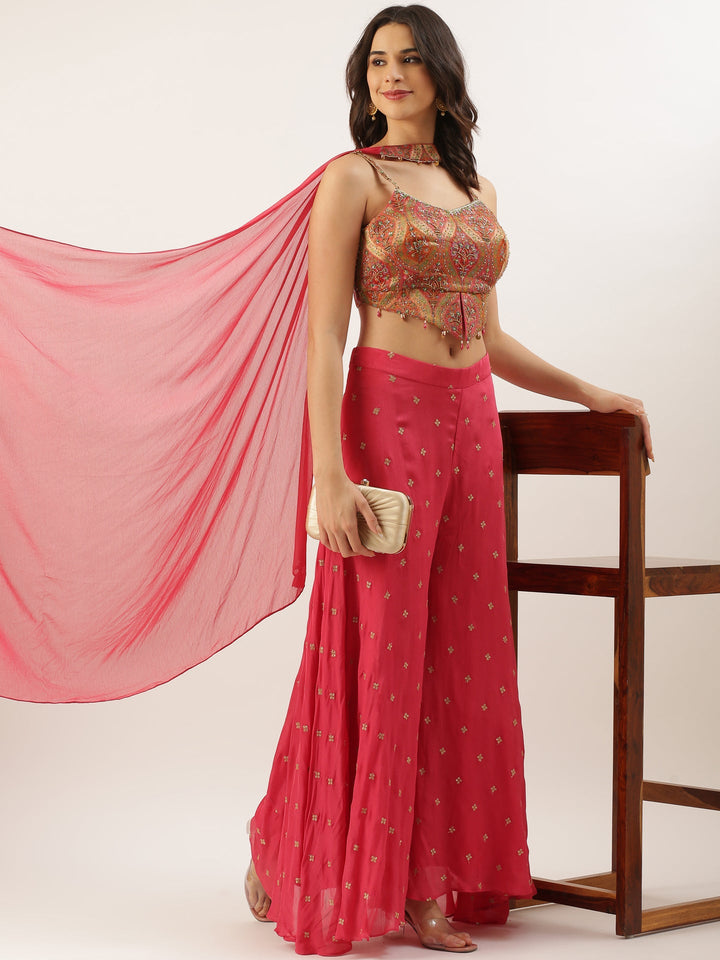 Neerus Pink chinon crop top palazzo co-ord set - detail view 3