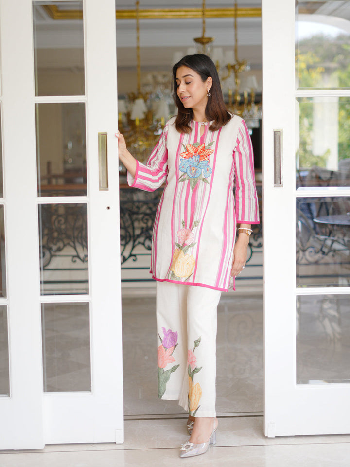 Neerus Off White Casual Embroidered Kurti and Trouser