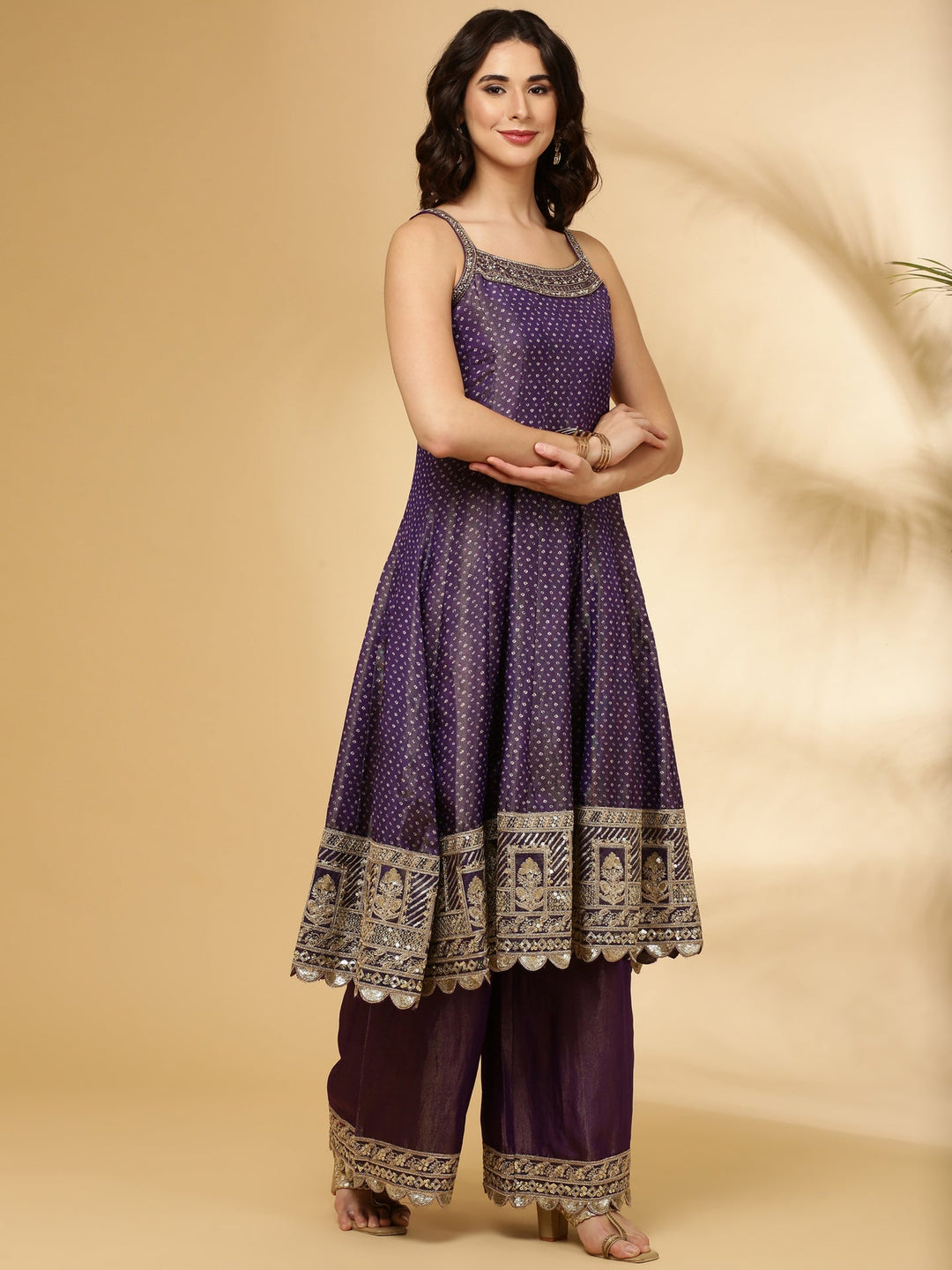 Neerus Purple tissue hand embroidered Anarkali suit set - side view