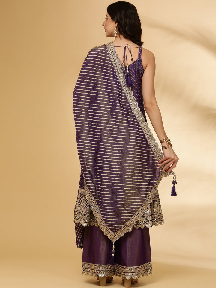 Neerus Purple tissue hand embroidered Anarkali suit set - detail view 1