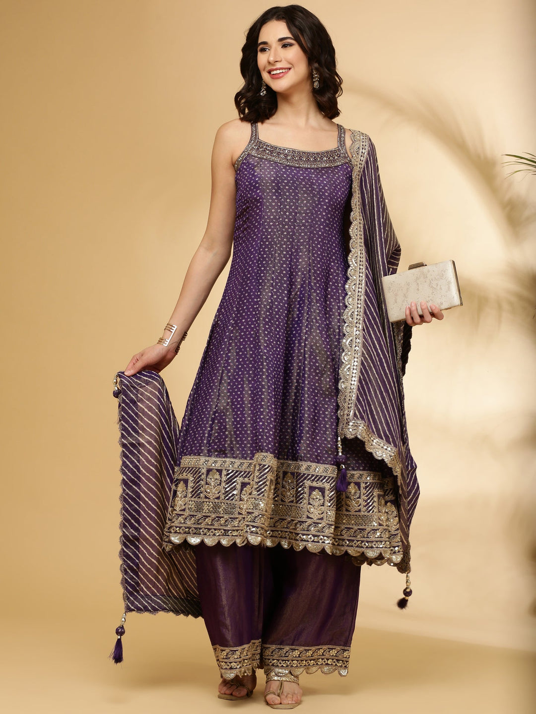 Neerus Purple tissue hand embroidered Anarkali suit set - detail view 3