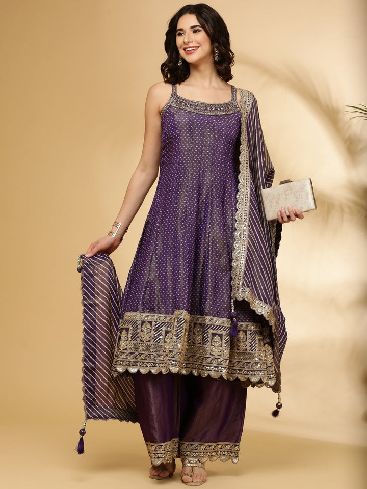 Neerus Purple tissue hand embroidered Anarkali suit set - detail view 3