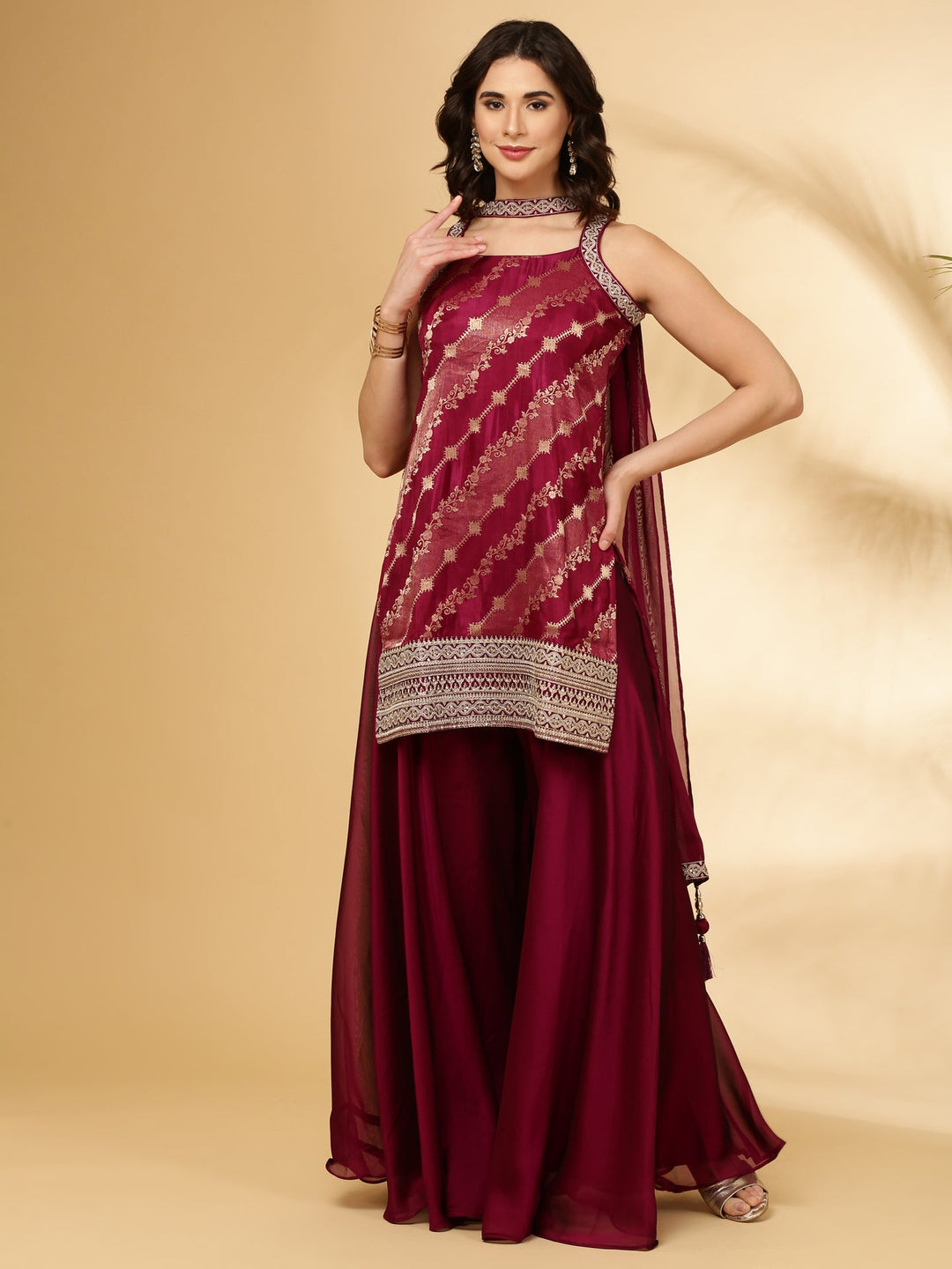 Neerus Maroon Banarasi woven suit set - back view