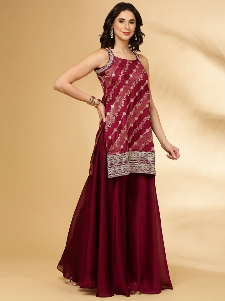 Neerus Maroon Banarasi woven suit set - side view
