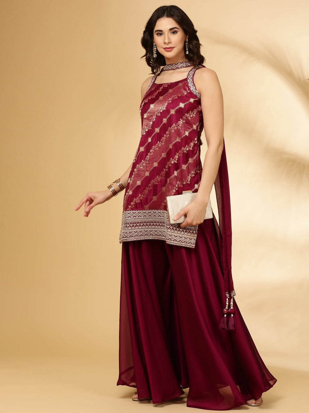 Neerus Maroon Banarasi woven suit set - detail view 3