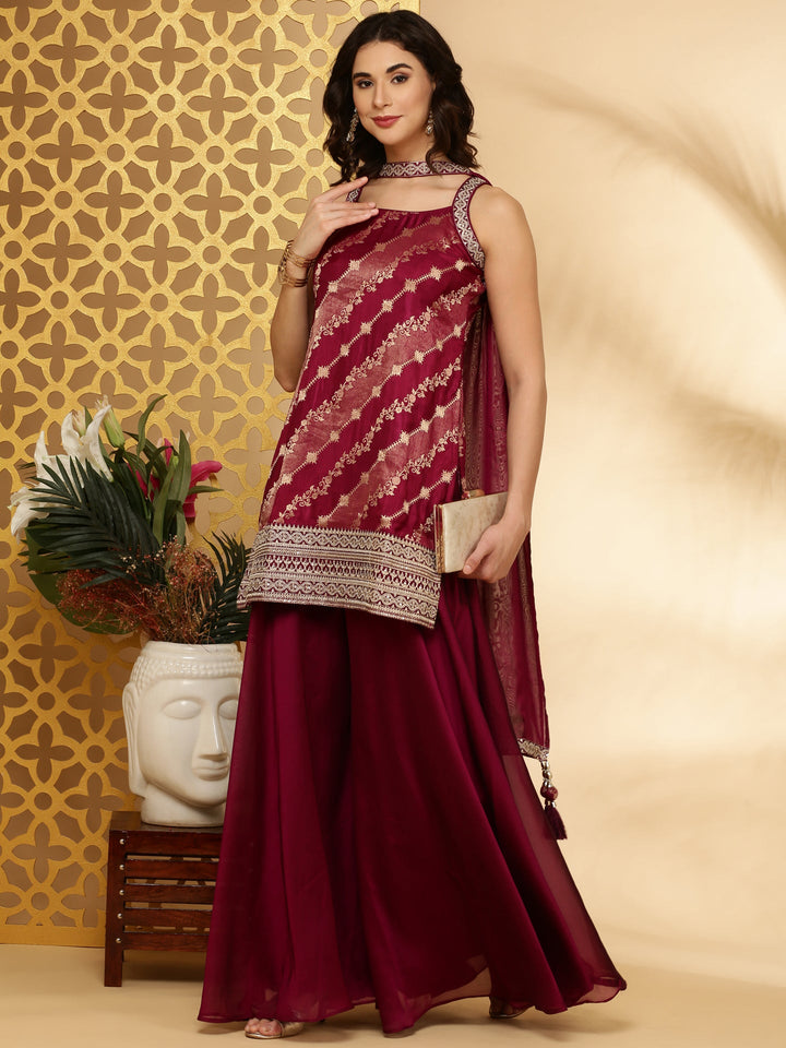Neerus Maroon Banarasi woven suit set - front view