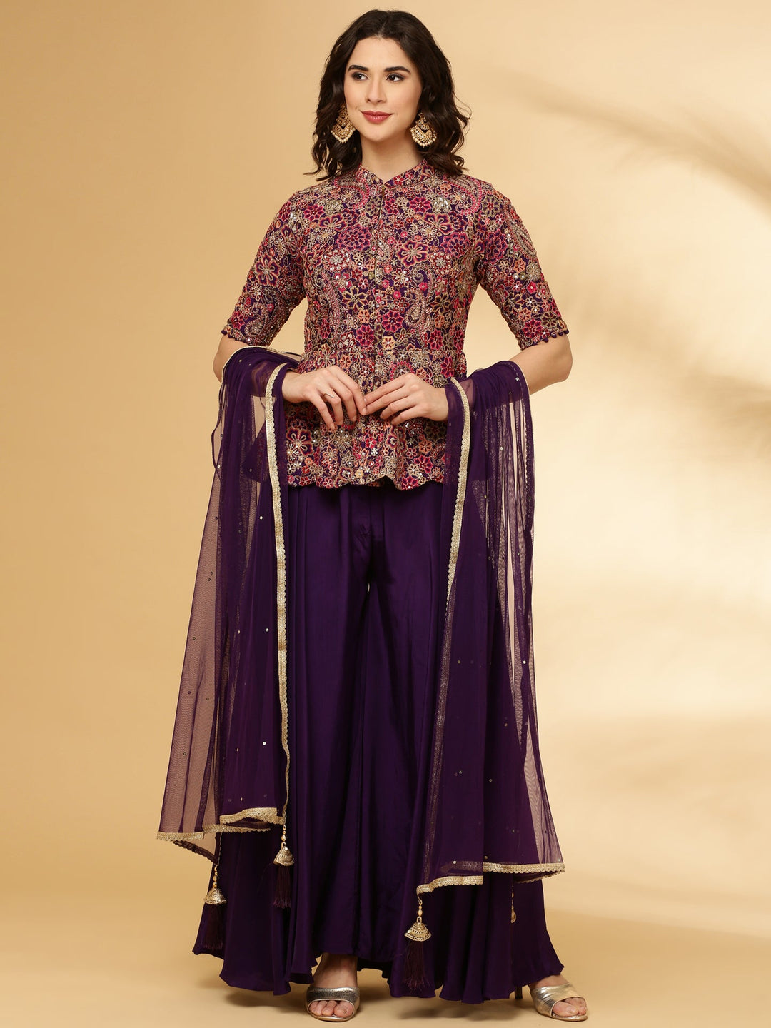 Neerus Purple georgette hand embroidered crop top palazzo suit set - front view