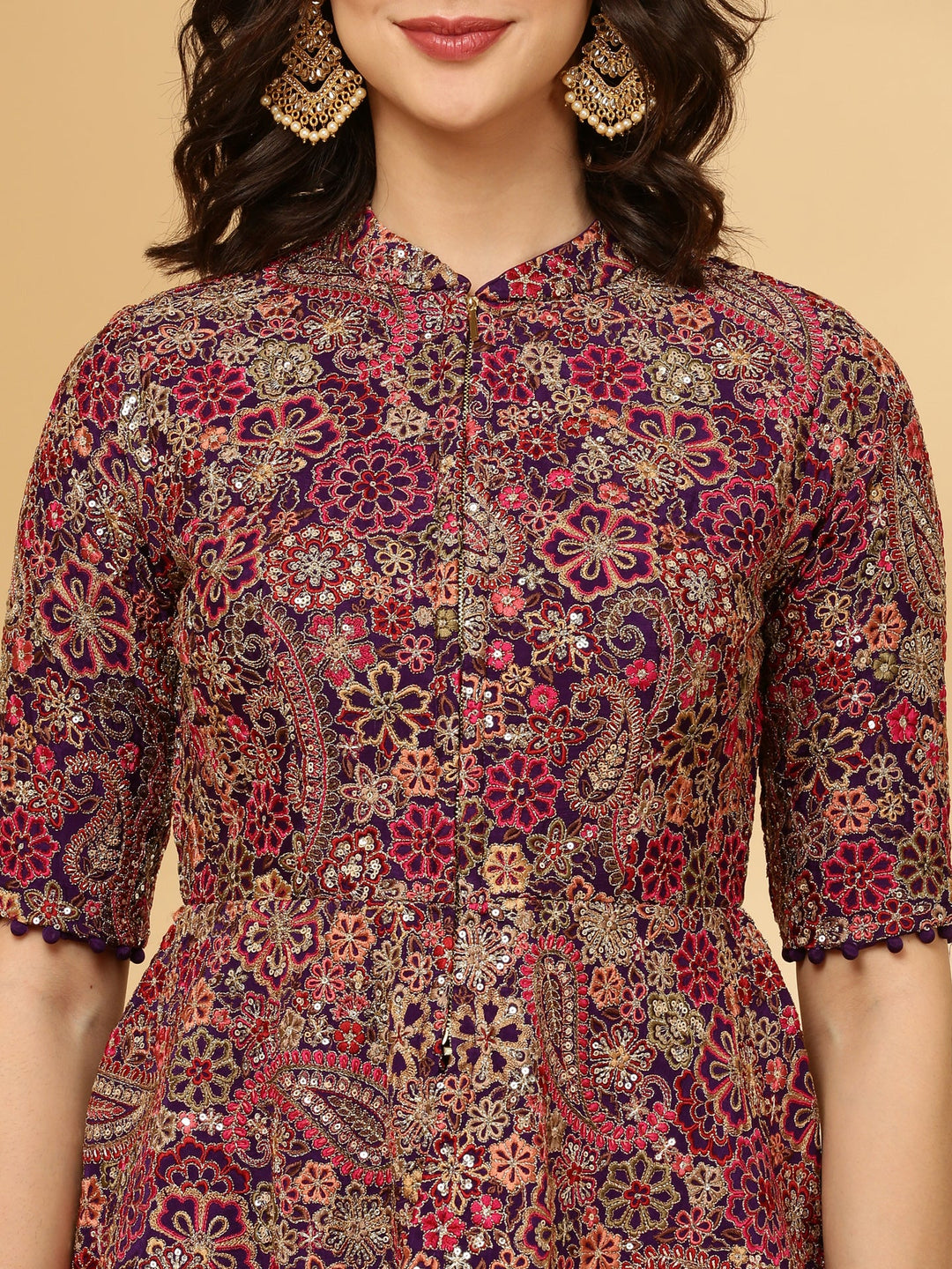 Neerus Purple georgette hand embroidered crop top palazzo suit set - detail view 2