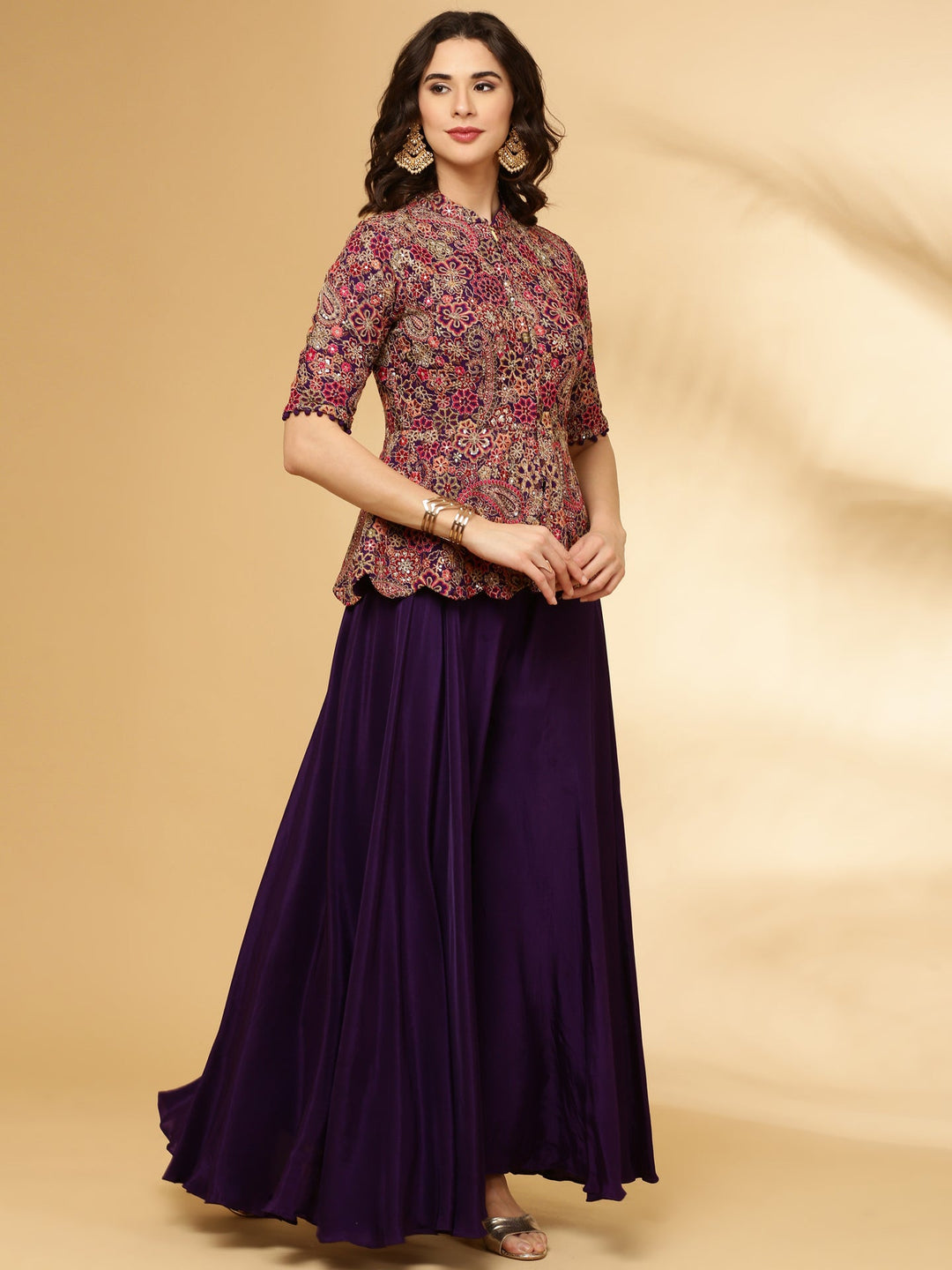 Neerus Purple georgette hand embroidered crop top palazzo suit set - side view
