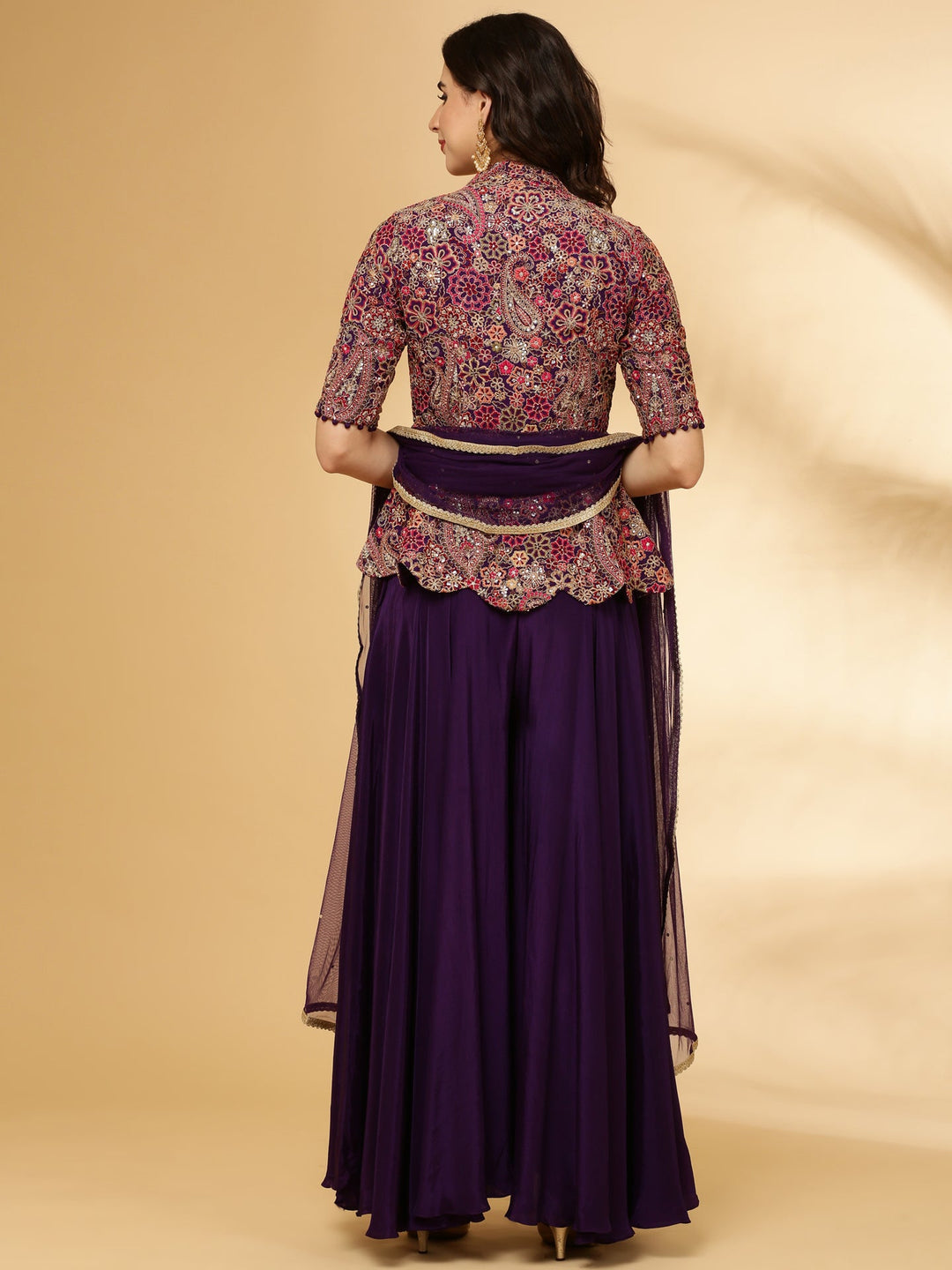 Neerus Purple georgette hand embroidered crop top palazzo suit set - detail view 1