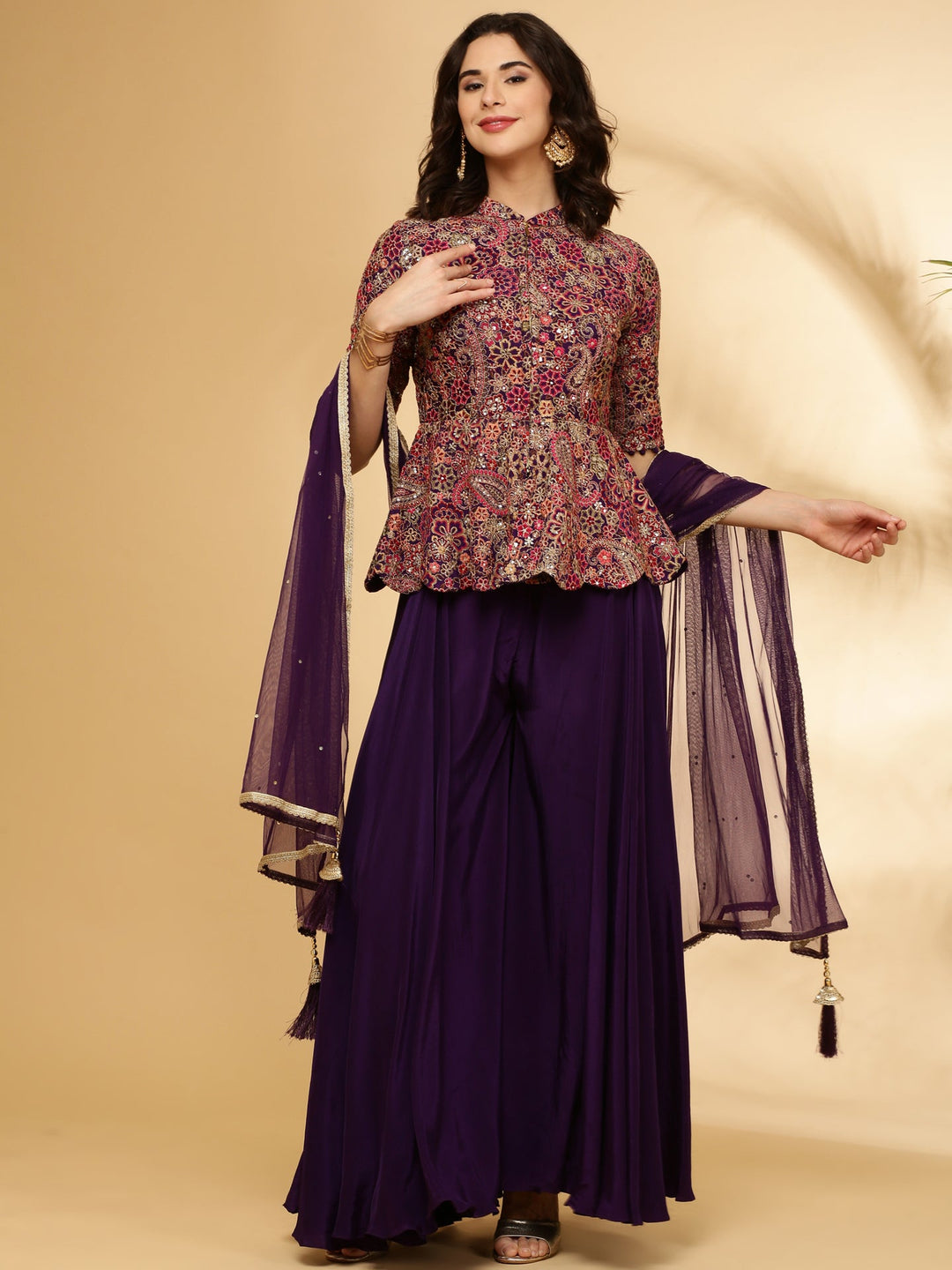Neerus Purple georgette hand embroidered crop top palazzo suit set - back view