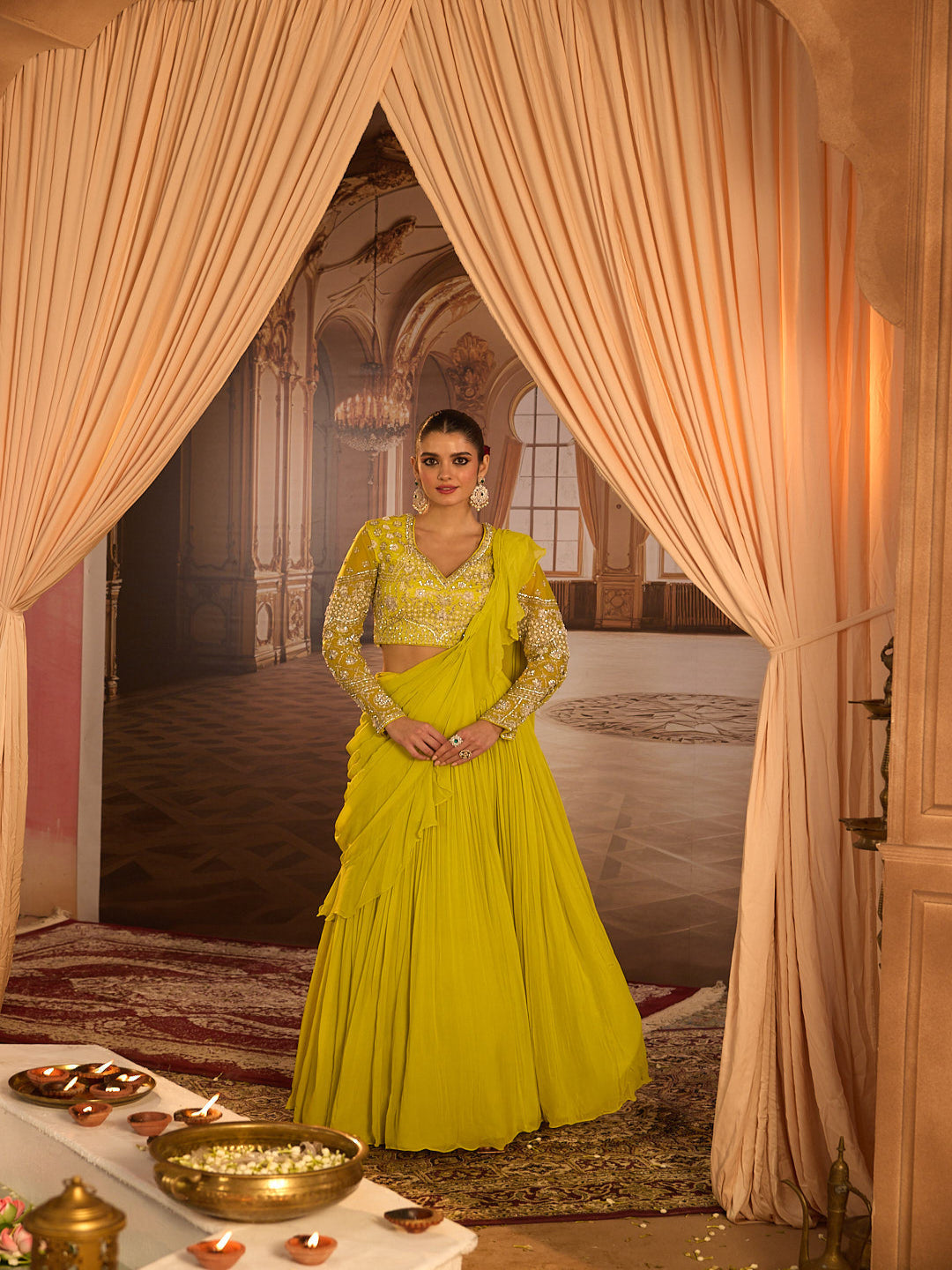 Neerus Green georgette embroidered lehenga set - front view