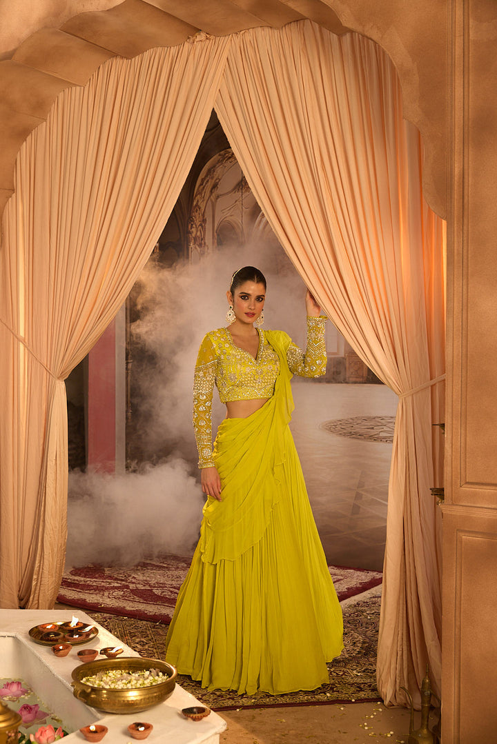 Neerus Green georgette embroidered lehenga set - detail view 7