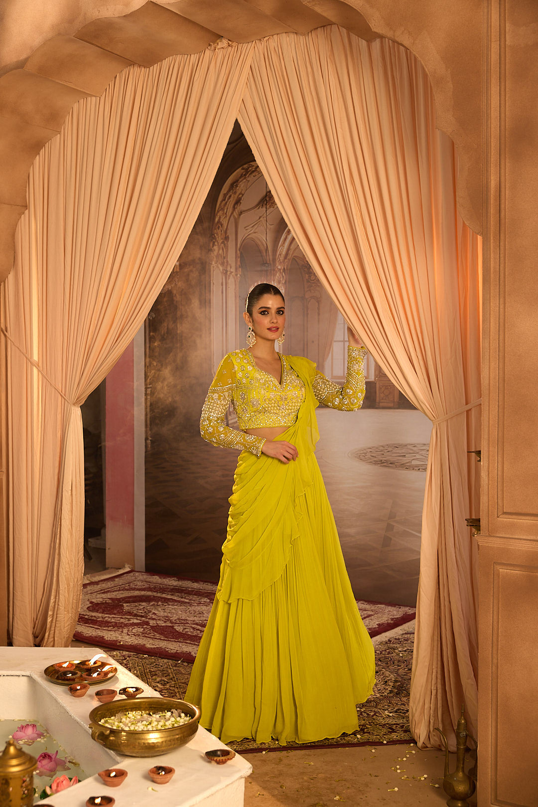 Neerus Green georgette embroidered lehenga set - detail view 8