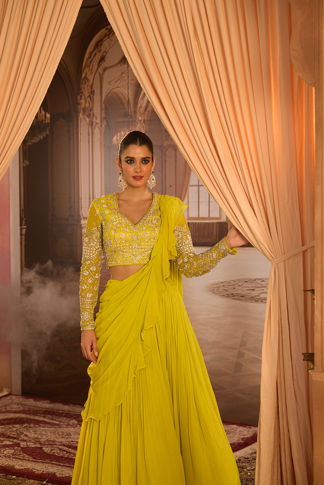 Neerus Green georgette embroidered lehenga set - detail view 9
