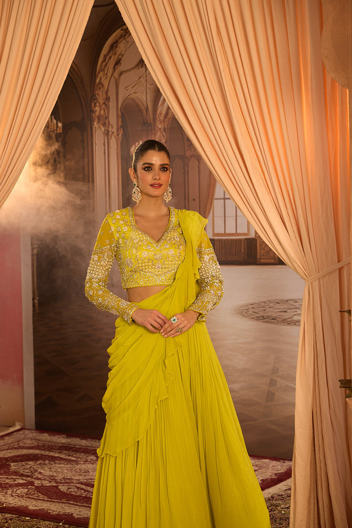 Neerus Green georgette embroidered lehenga set - detail view 10
