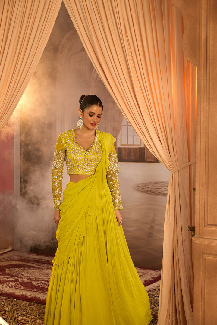 Neerus Green georgette embroidered lehenga set - detail view 12