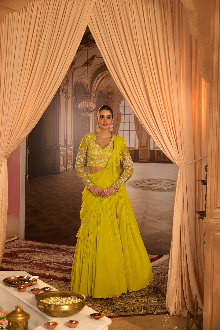 Neerus Green georgette embroidered lehenga set - back view
