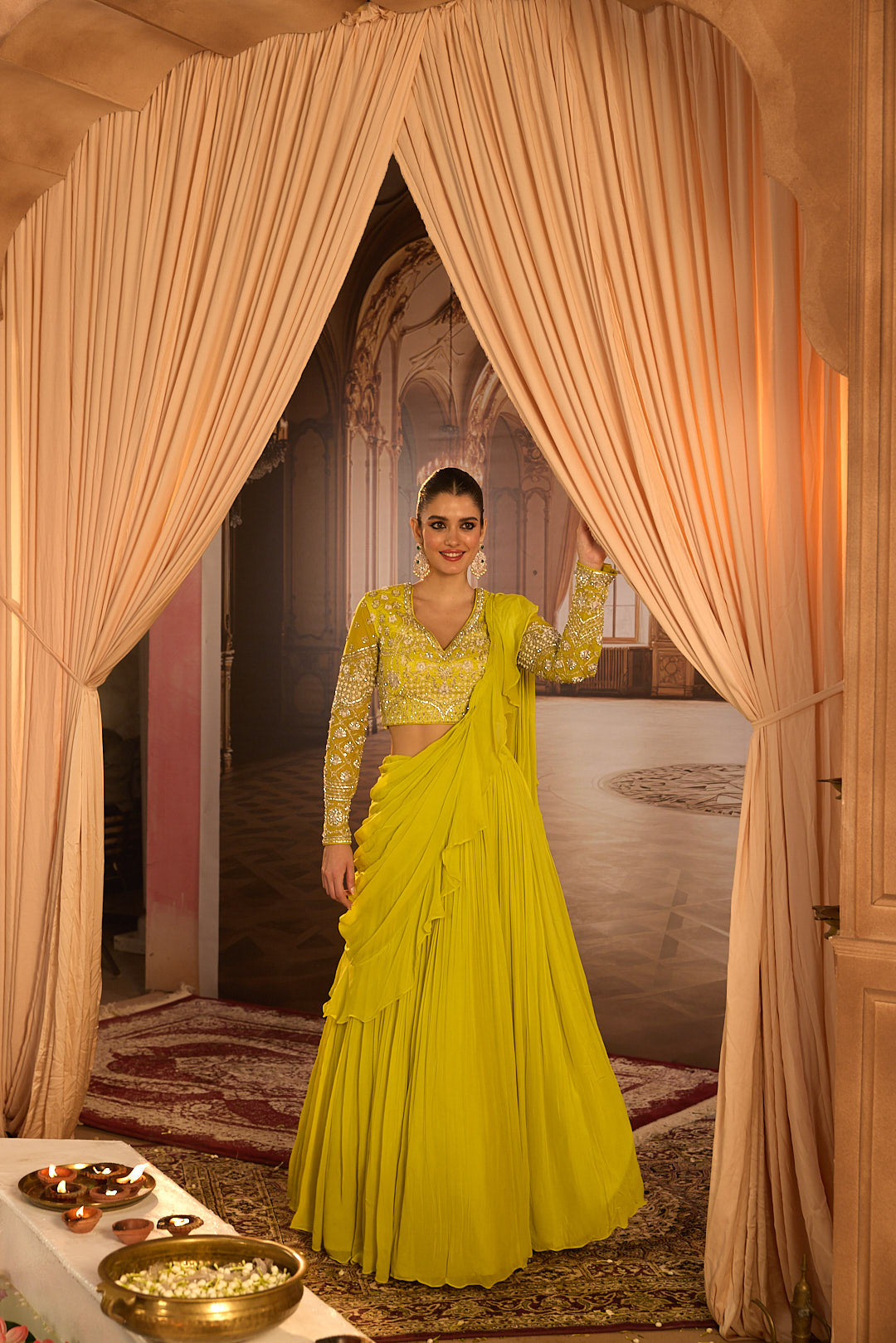 Neerus Green georgette embroidered lehenga set - side view