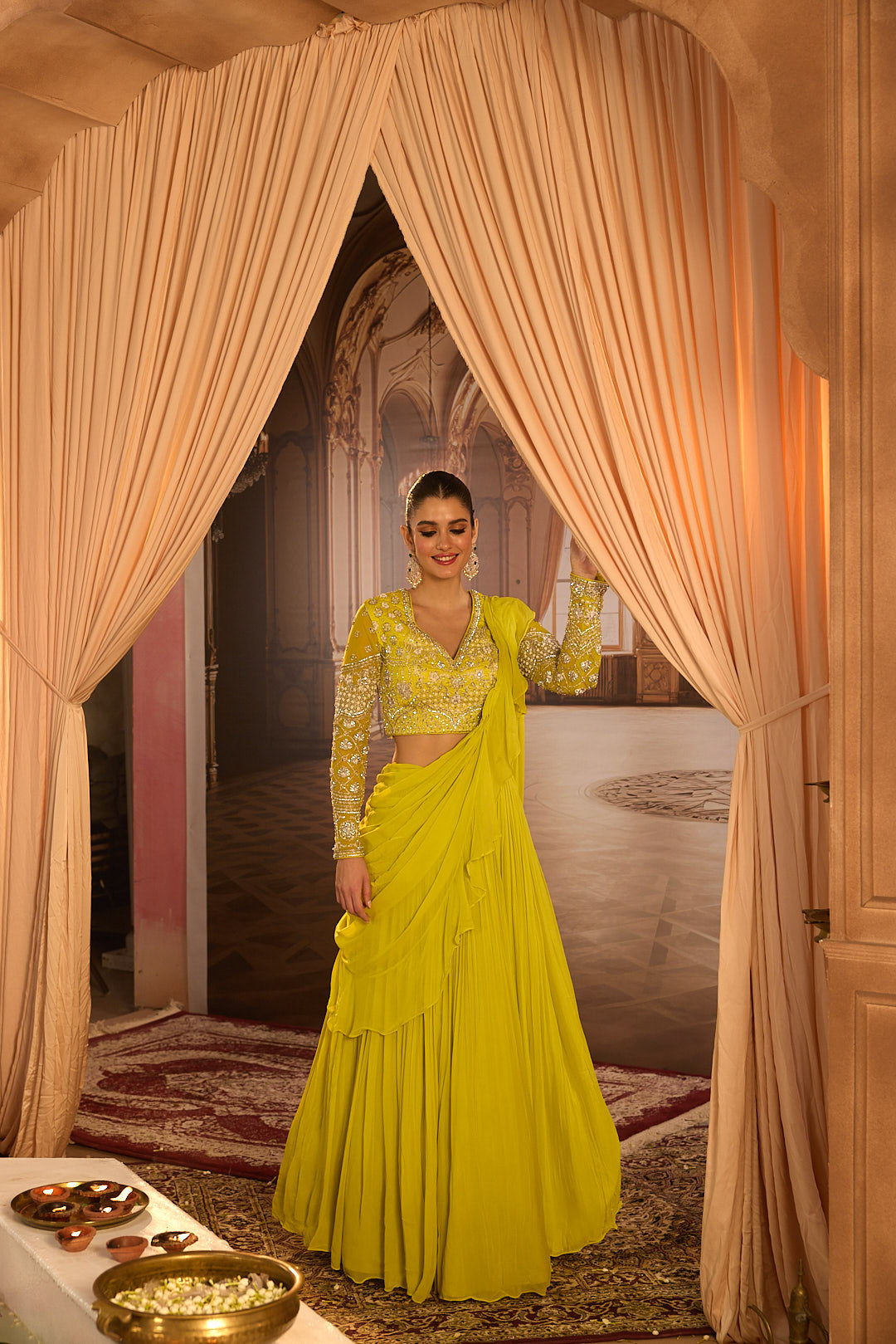 Neerus Green georgette embroidered lehenga set - detail view 1