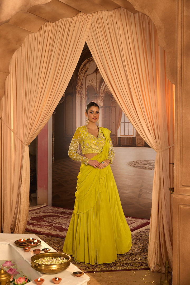 Neerus Green georgette embroidered lehenga set - detail view 4