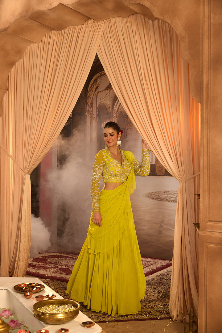 Neerus Green georgette embroidered lehenga set - detail view 6