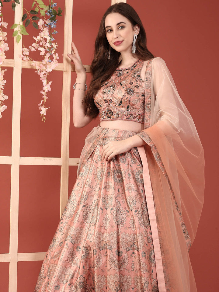 Peach Silk With Beads And Digital Print Ghagra Set