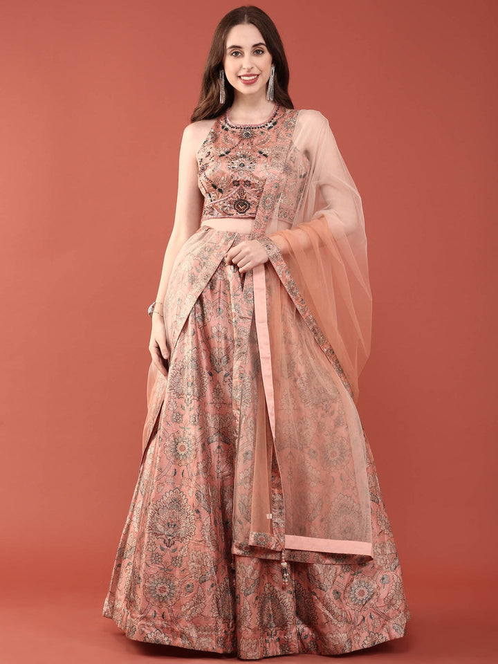 Peach Silk With Beads And Digital Print Ghagra Set